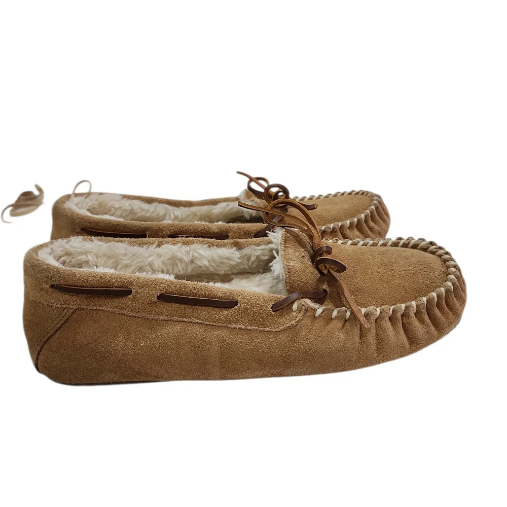 Minnetonka Leather Faux Fur Lined Moccasin Slippers 8 Western Minimalist Cabin - Picture 2 of 8